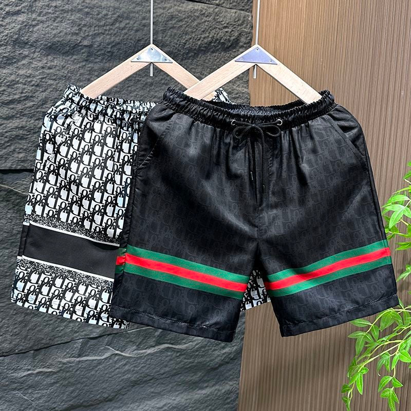 【#A489】All Over Hidden Print Stripe 5 Inch Shorts, Men Ice Silk Drawstring Beach Casual Pants