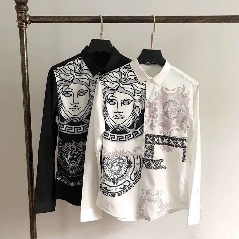 【#A490】Vintage Figure Print Long Sleeve Shirt, Men Silky Draped Collar Casual Blouse