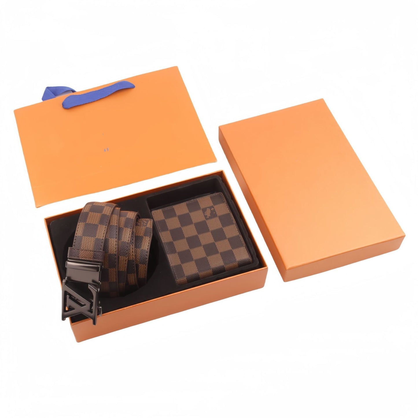【#A494】Vintage Monogram Check Automatic Buckle Belt & Wallet Gift Box Set, Men Business Gift 2-Piece Kit