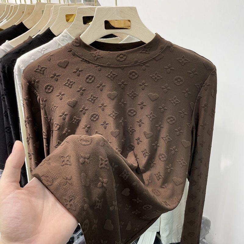 【#A513】3D Embossed Pattern Mock Neck Long Sleeve Top, Slim Stretch Solid Layering Shirt