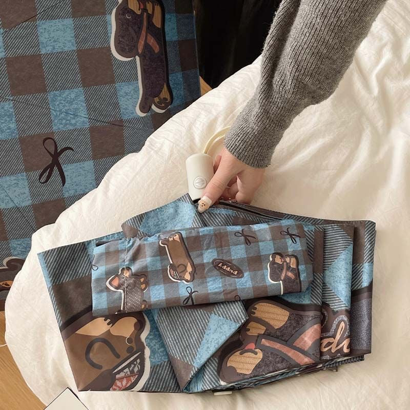 【#A537】Auto Open Close Folding Sun Rain Umbrella Cute Dachshund Puppy Blue Plaid Print Black Coating Windproof Portable Ladies Travel Parasol