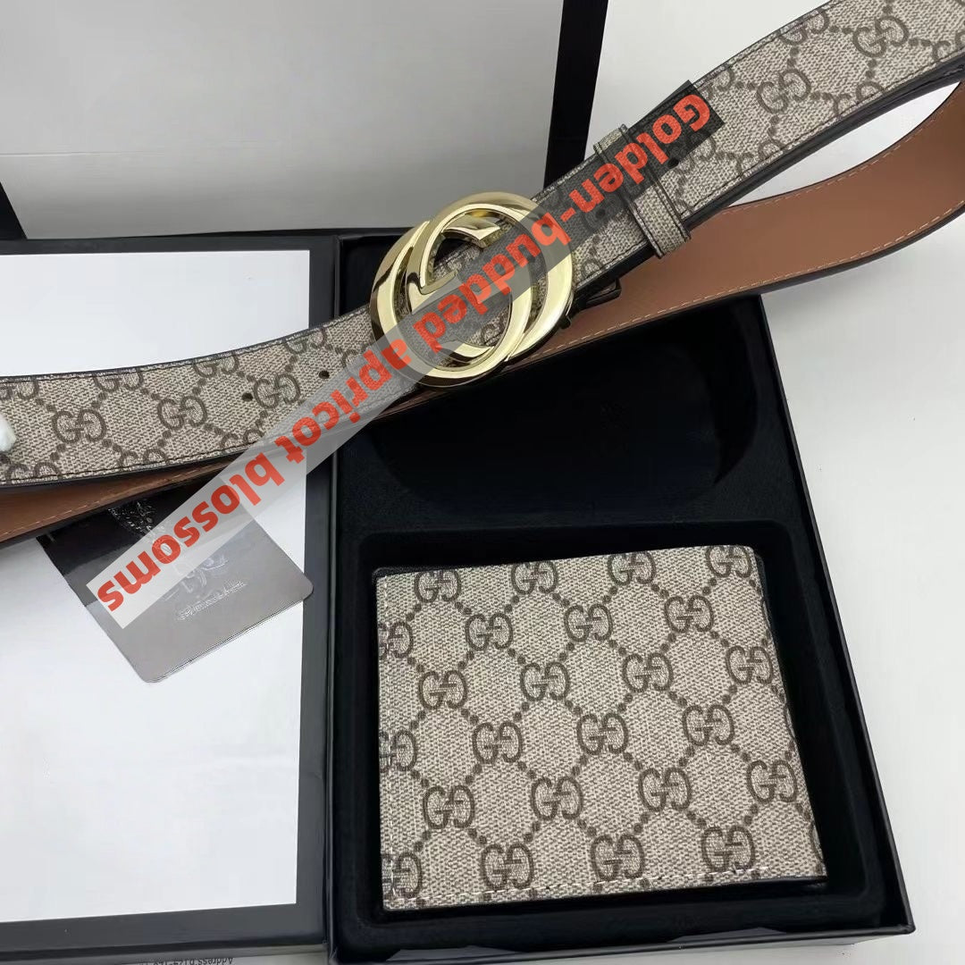 【#A546】Men Vintage Printed Belt Wallet Gift Box Set, Dark Gray Full Pattern Shiny Silver Metal Interlock Buckle Business Waist Strap & Bifold Purse 2Pcs Combo