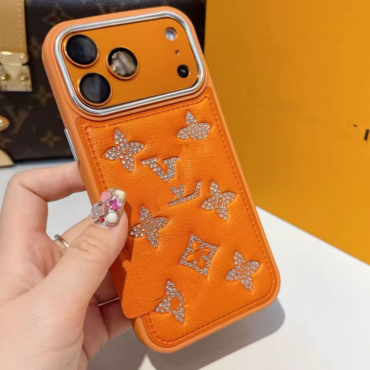 【#A554】Luxury Rhinestone Floral Leather Phone Case, Large Metal Camera Frame Full Shockproof Bling Diamond Protective Cover Multi Colors