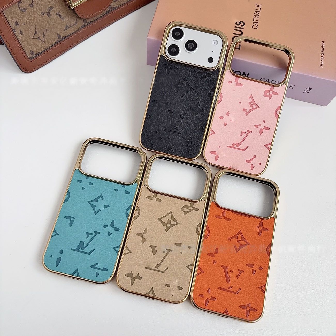 【#A568】Luxury Embossed Leather Phone Case With Gold Electroplated Frame Large Window Shockproof Cover For iPhone