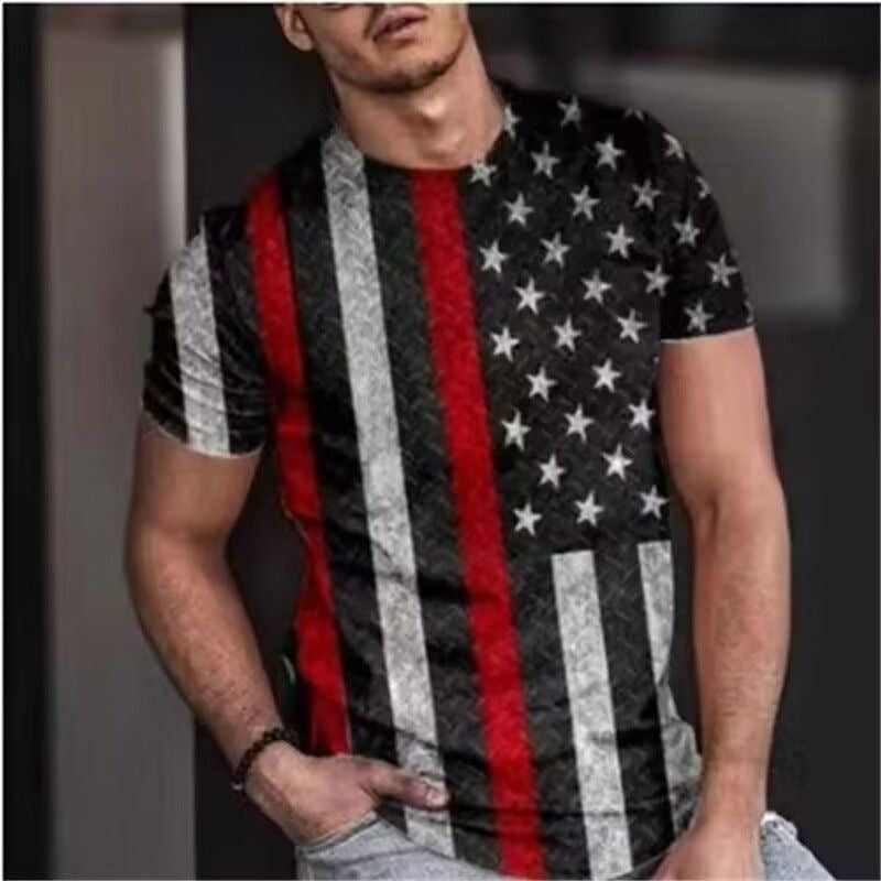 American Flag 3D Print Short Sleeve T-Shirt, Men Vintage Loose Crew Neck Casual Top