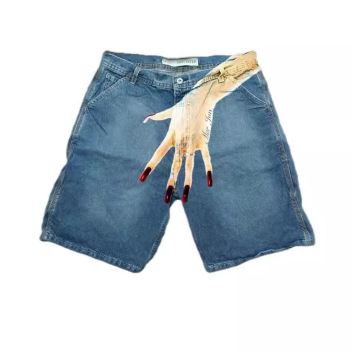 Vintage Washed Hand Palm Print Carpenter Denim Jorts, Streetwear Loose Wide Leg Knee Length Shorts