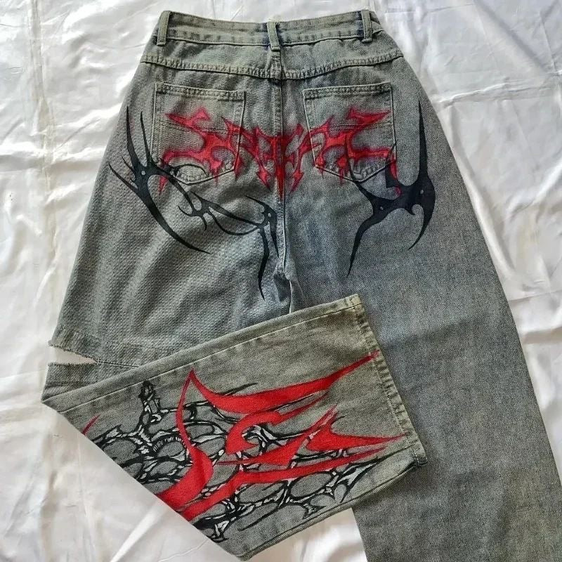 Vintage Washed Thorn Skull Contrast Print Ripped Jeans, Alt Street Loose Straight Floor-Length Denim Pants