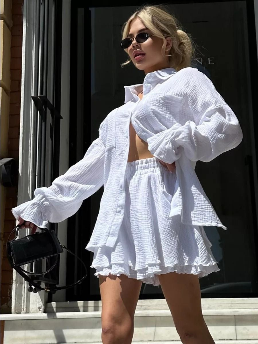 【#A642】Crinkle Texture Collared Puff Sleeve Shirt & Shorts Set, Vacation Tie Ruffle Two Piece Outfit