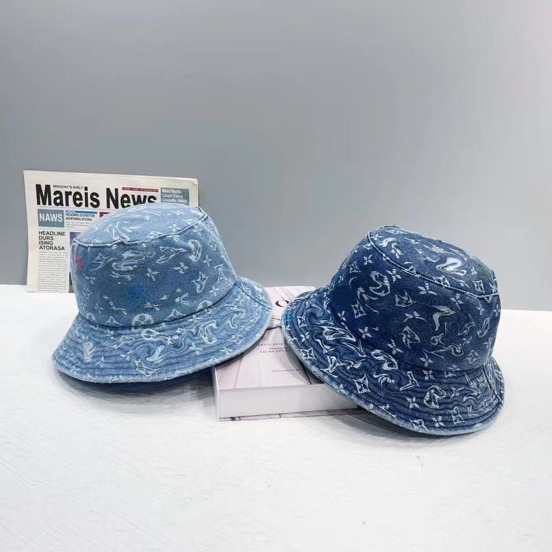 Vintage Washed Denim All Over Print Bucket Hat, Unisex Casual Faded Sun Hat