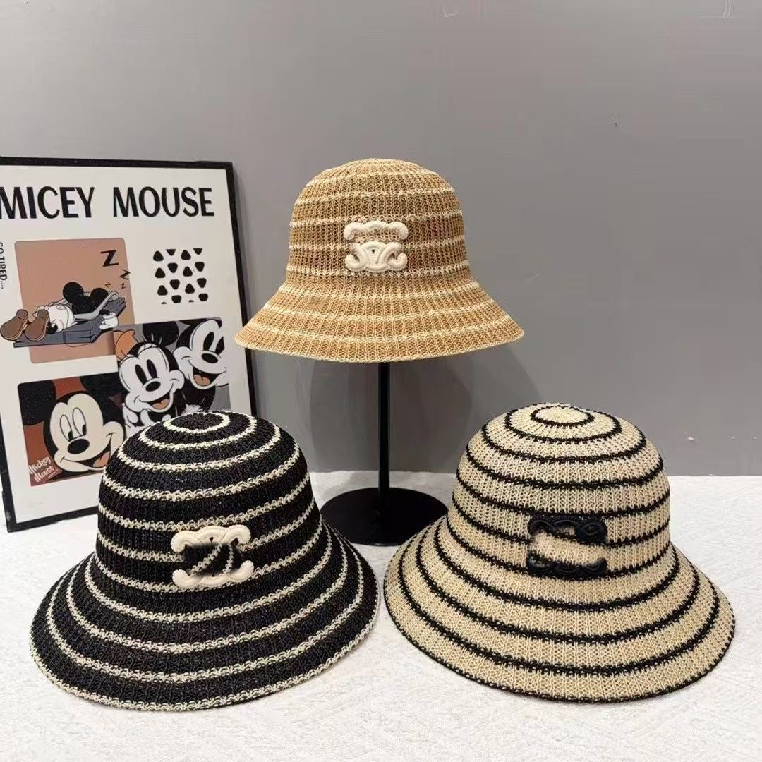 Chanel Style Striped Hollow Straw Bucket Hat, Breathable Contrast Woven Sun Hat for Summer