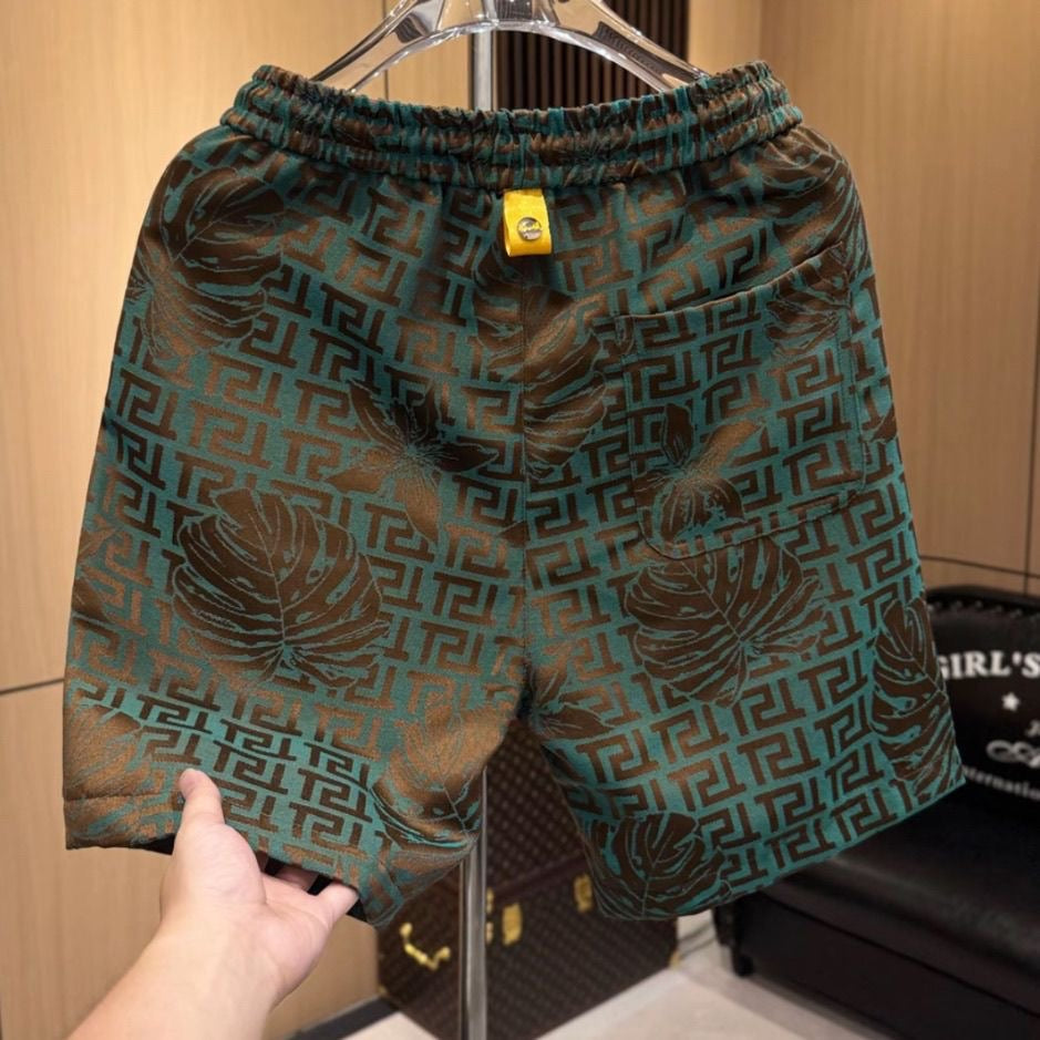 Vintage All Over Leaf Letter Jacquard Shorts, Men Elastic Drawstring Loose Casual Beach Mid Pants