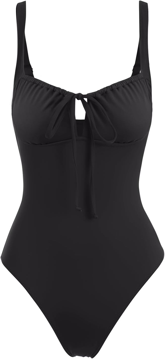 HOTLASLULU Women One Piece Swimsuit Cutout Tie Push Up Padded Bathing Suit | Sweetheart Neck,Tie Front,Adjustable Straps,Full Coverage,Modest,Long Torso,Slimming,Sexy Cute Swim Suits