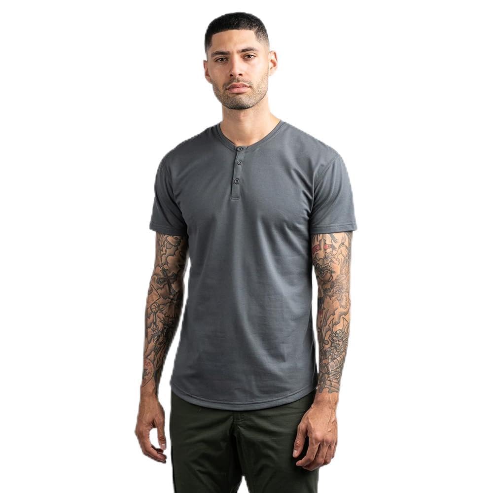 HOTBYLT Drop-Cut Henley Shirts for Men, 3-Button Closure, Short Sleeve, Casual T-Shirt, Soft & Breathable, Wrinkle Resistant