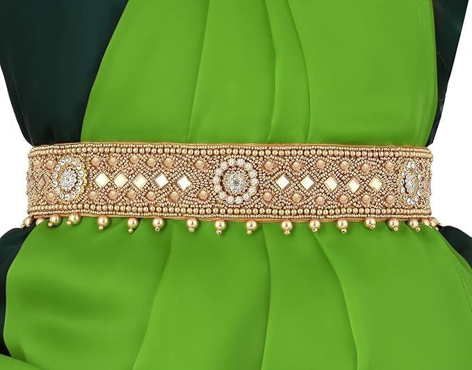 HOTTraditional Stretchable Embroidery Saree Waist Belt – Golden Cloth Kamarpatta Kamarband for Women, Temple Adjustable 30-40 Inches