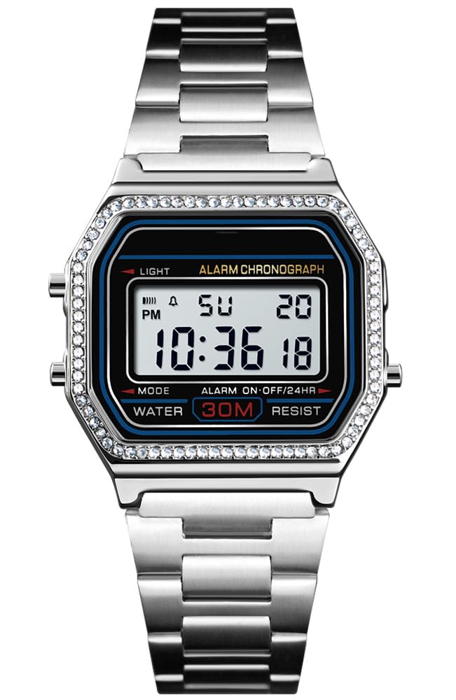 HOTPASOY Men's Digital Gold Stainless Steel Watch Backlit Multifunction Stopwatch Waterproof Sport Watches