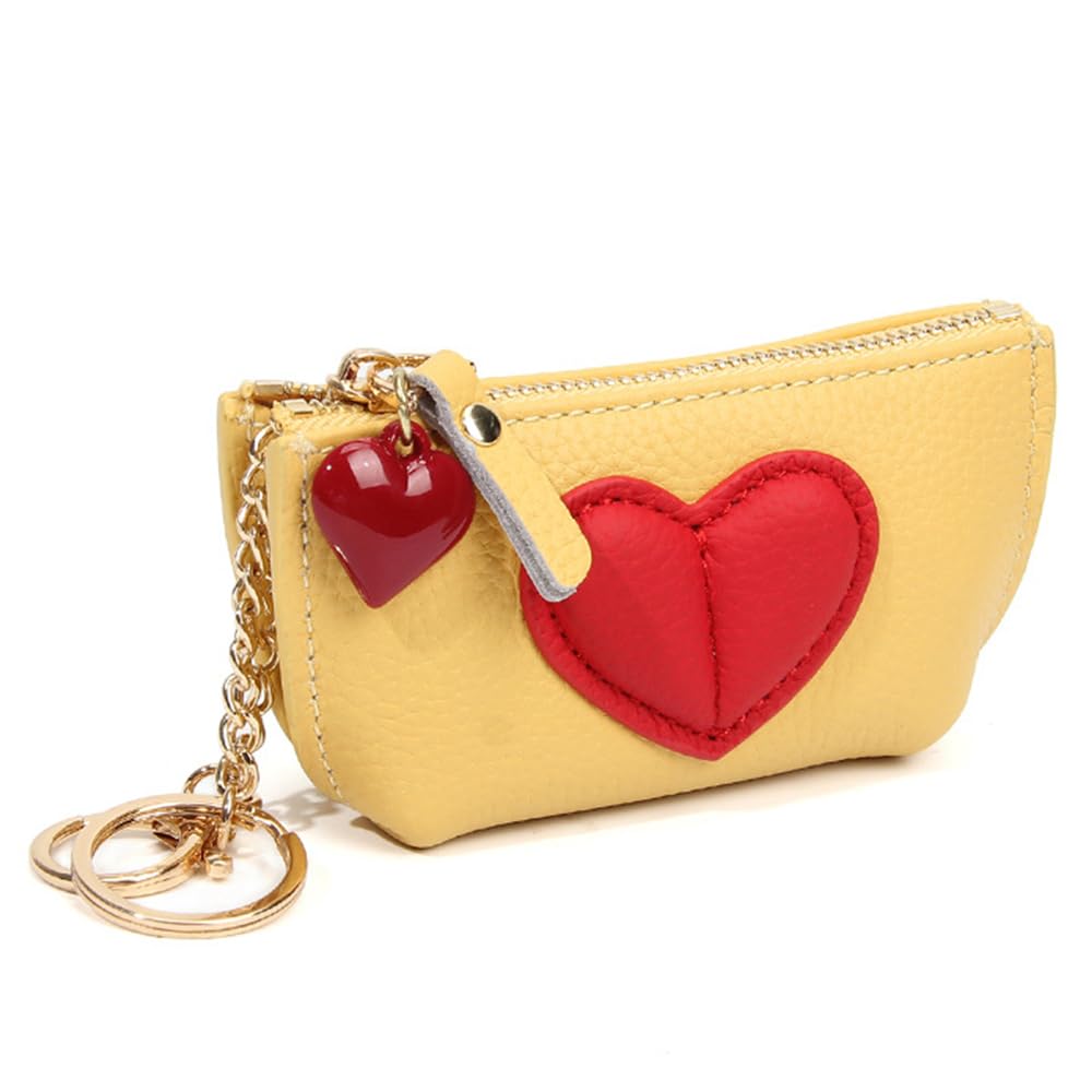 HOTRejolly Coin Pouch Purse for Women Girls Real Leather Mini Change Wallet With Keychain Key Ring Cute Heart Attachment for Purse Cream White