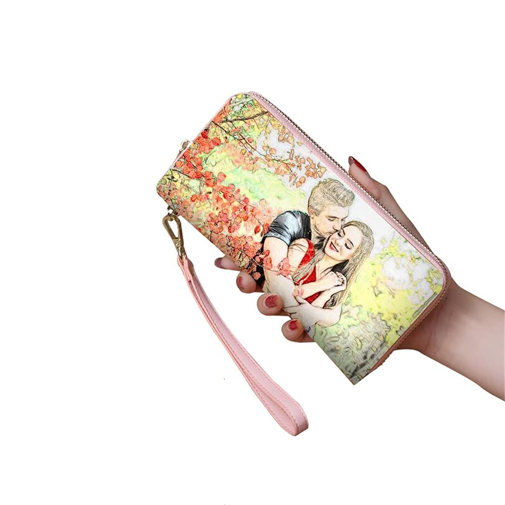 HOTPersonalized Crayon Style Photo Women's Wallet Custom Fashion Phone bags Leather Wallet Christmas gifts(Pink Double Side)