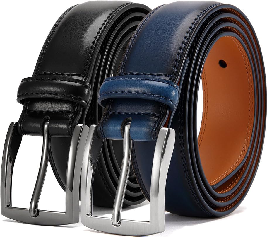 HOTDOOPAI Men's Genuine Leather Dress Belt 2Pack - Handmade Classic Casual and Business Belt, 100% Cow Leather Prong Buckle,