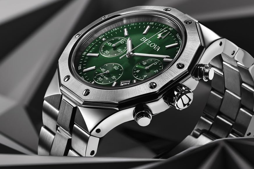 HOTBulova Men's Classic 6-Hand Chronograph High Performance Quartz Silver Stainless Steel Watch, Green Dial,Geometric Bezel 24 Hour Time, 44mm, Style:96B409