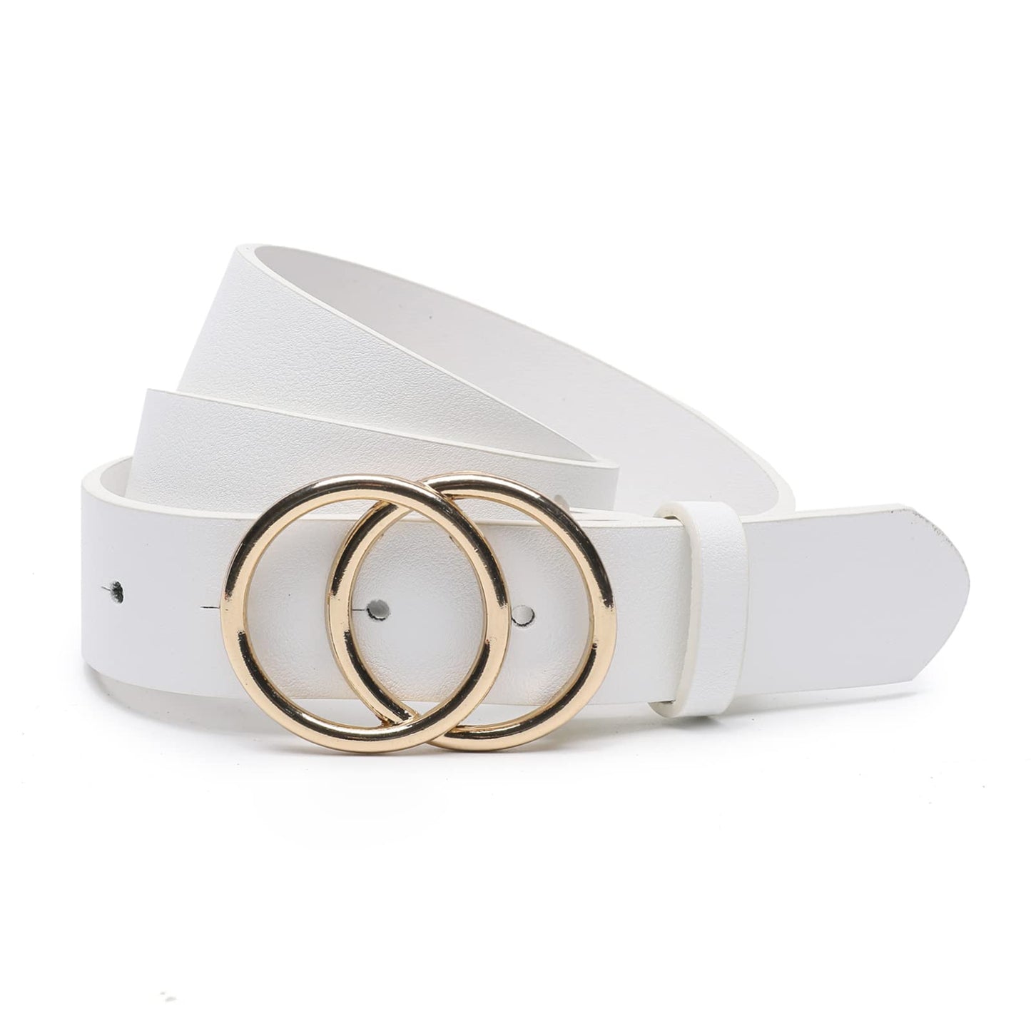 HOTEarnda Women's Leather Belt Fashion Gold Buckle Waist Belts for Jeans Dress | 1.3 in Wide, Soft Faux Leather, Trendy Double O-Ring Shapes Buckle, for Dress Blouse Sweater or Coats Daily Outfits