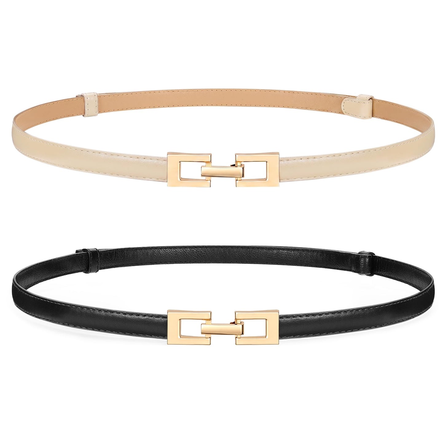 HOTWERFORU 2 Pack Women Skinny Belt Thin Waist Belt for Pants Leather Belt with Gold Buckle for Jeans Dress,0.6" width