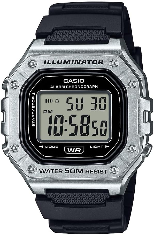 HOTCasio W-218HM Series | Men's Digital Watch | (Black/Silver) | LED Illuminator | 7-Year Battery | Alarm | Chronograph | Auto Calendar | Digital Watch
