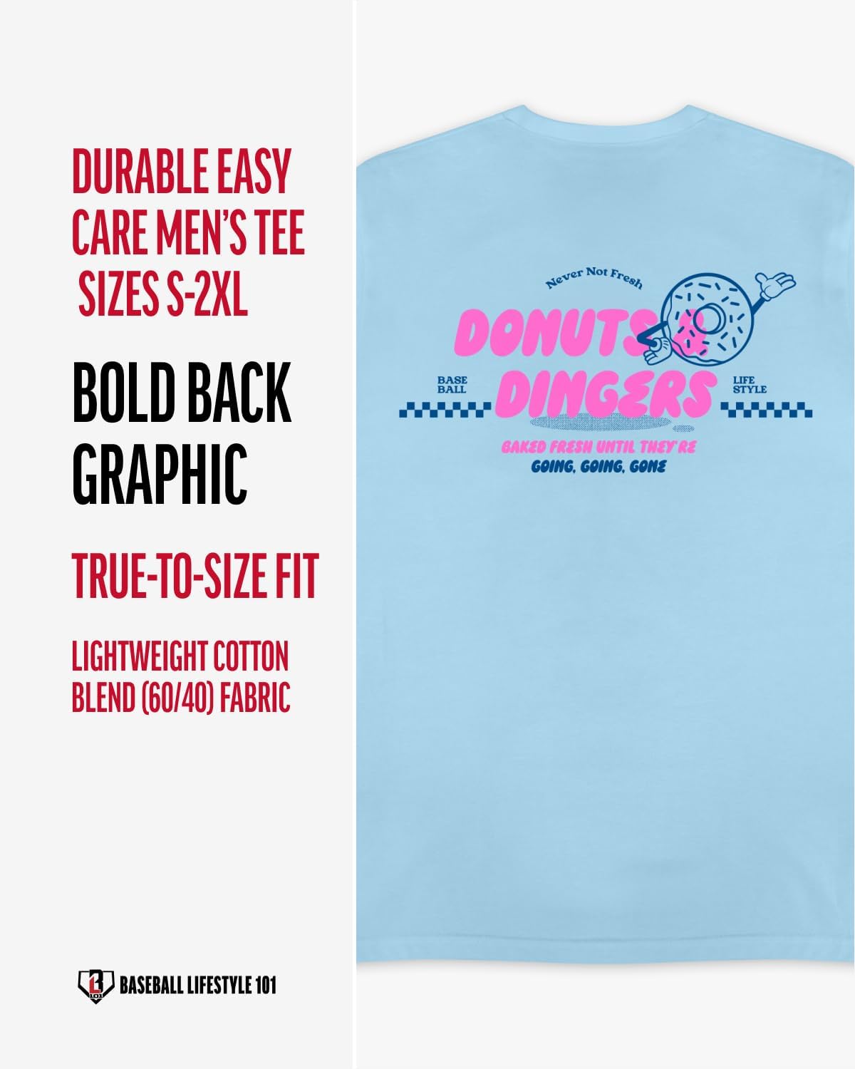 HOTBaseball Lifestyle 101 Donut Tee for Men - White, Soft 60/40 Blend, Breathable, Side-Seamed T-Shirt, Adult Sizes S-XL