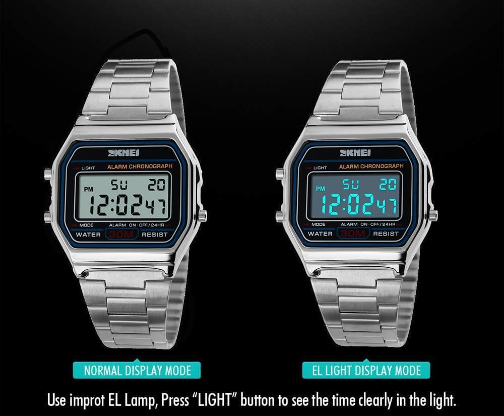 HOTSNE Men's Digital Watch Stainless Steel Band Water Resistant Electronic Square LED Back Light Wristwatch