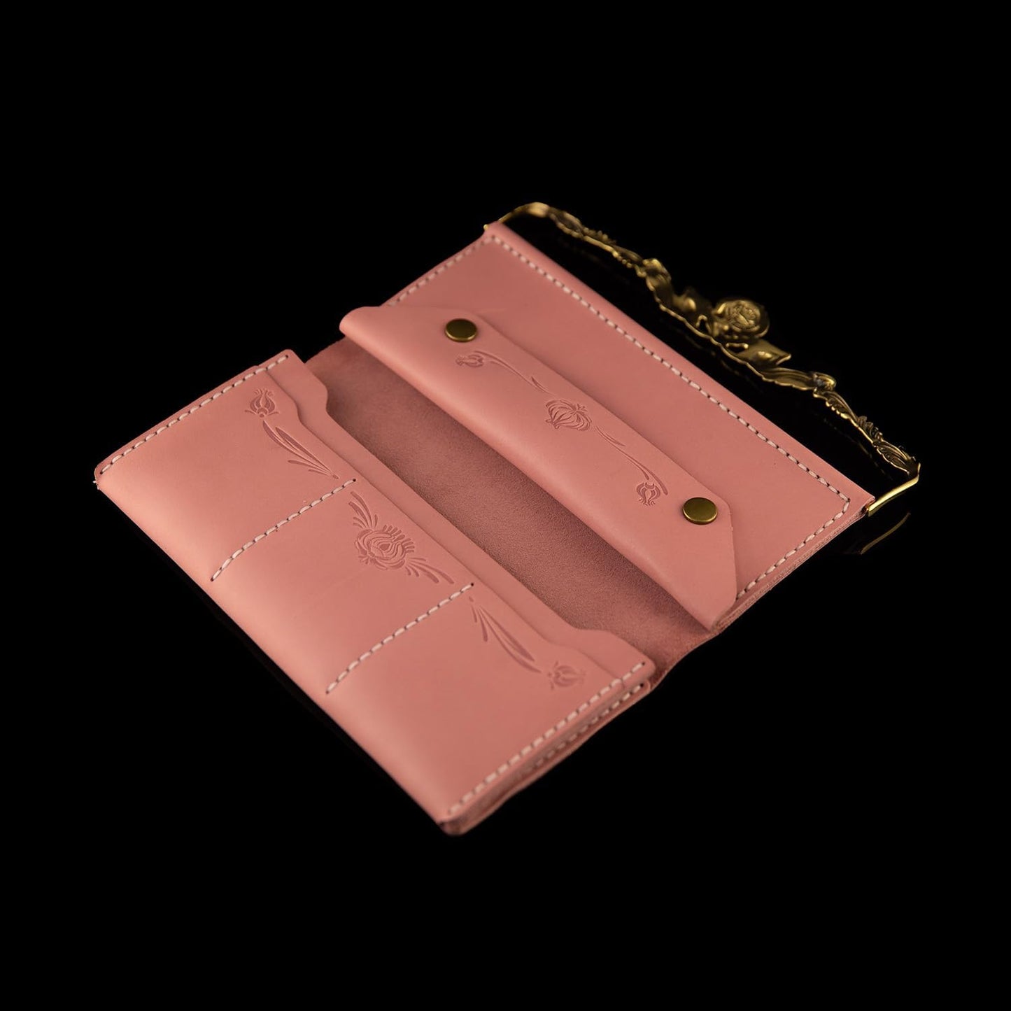 HOTElegant womens leather wallet with brass flower decorative clasp, bifold ladies clutch