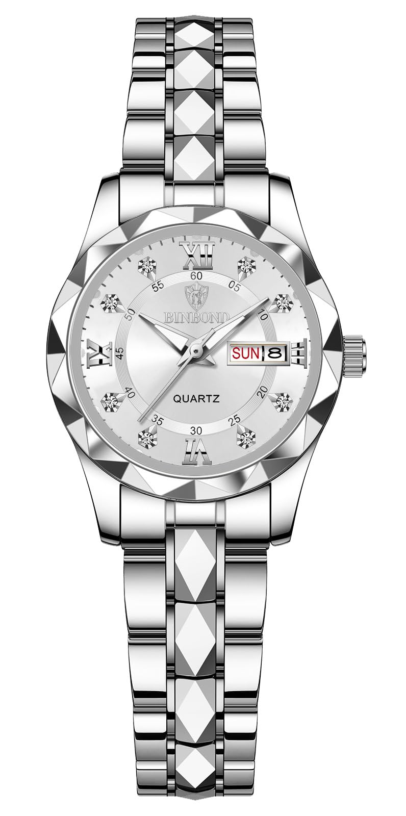 HOTGosasa Luxury Men's and Women's Business Diamond Stainless Steel Waterproof Roman Numeral Analog Quartz Watch with Day-Date Calendar, Gold and Silver Tone