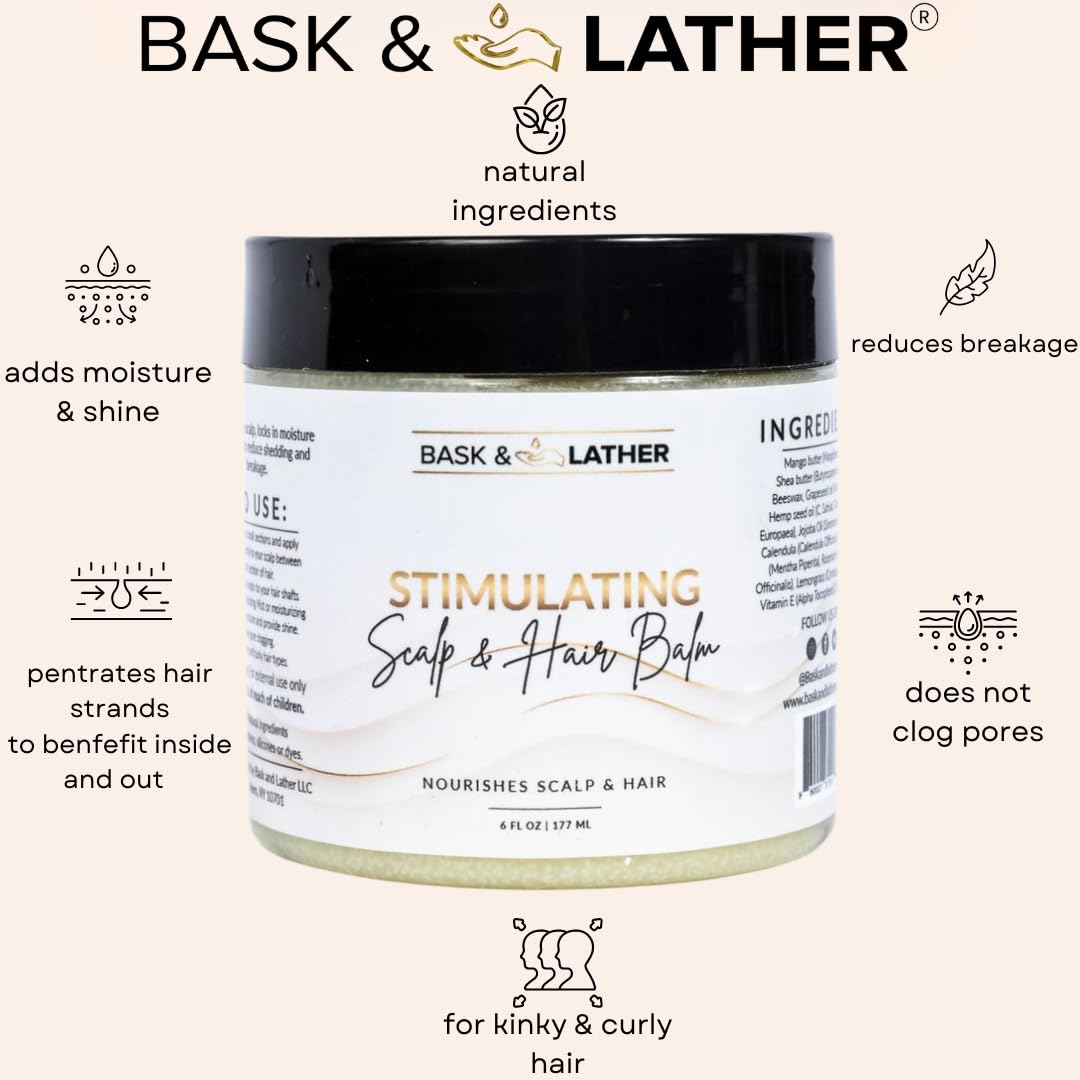 HOTBask & Lather Stimulating Scalp and Hair Balm for Hair Growth, Mango & Shea Butter, Nourishing Jojoba Oil, Peppermint & Rosemary Oil, Vitamin E, Scalp Care, Hair Care, Moisture, Shine & Strength, 6 oz