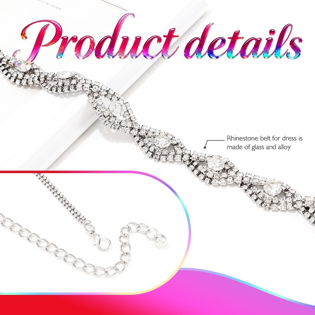 HOTSilver Rhinestone Chain Belts Sparkly Diamond Dress Belt Fashion Bling Waist Accessories for Women