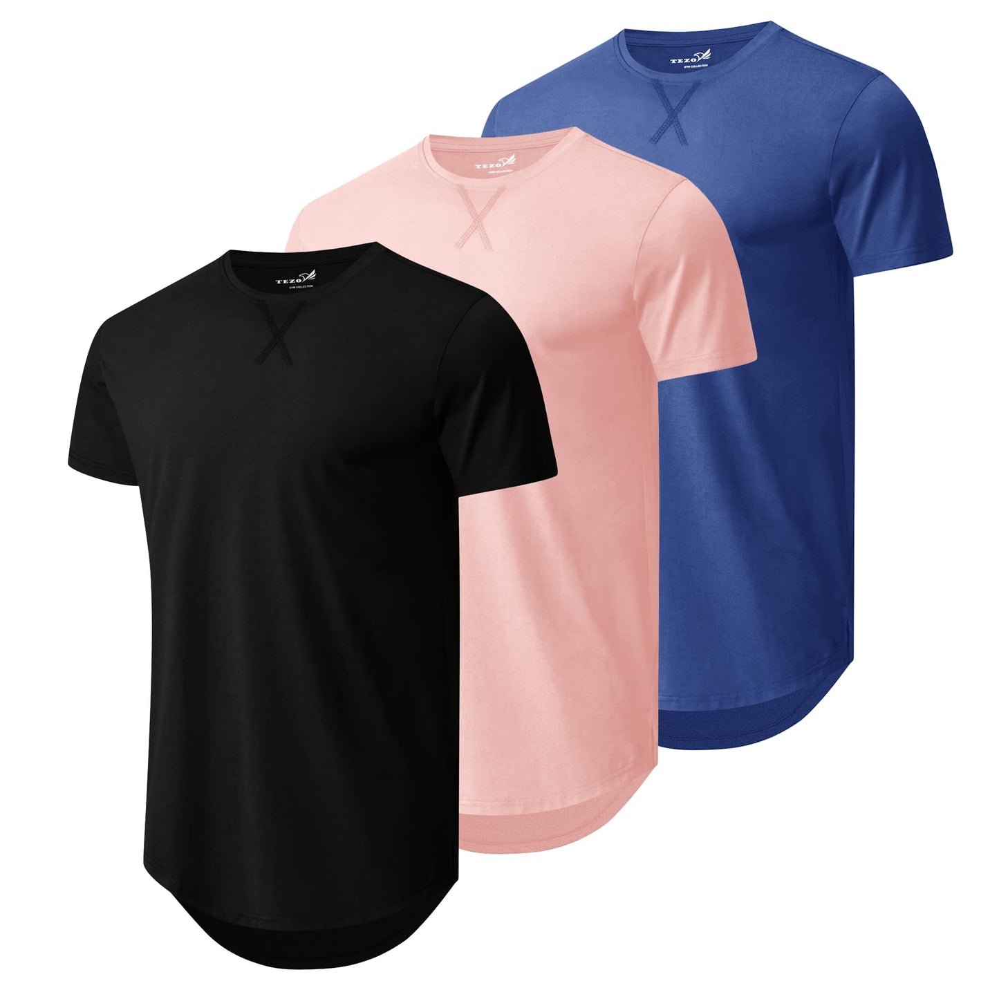HOTMens 3 Pack Plain Cotton Shirts Short Sleeve Casual Crew Neck T-Shirts Hipster Hip Hop Longline Tees Drop Cut Curved Hem