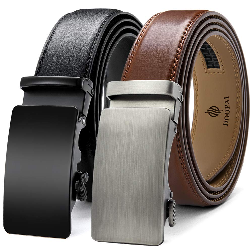 HOTDOOPAI Men's 2 Pack Ratchet Dress Belt - Adjustable 1 3/8" Genuine Leather, Size Length Can Be Cut, With Gift Box