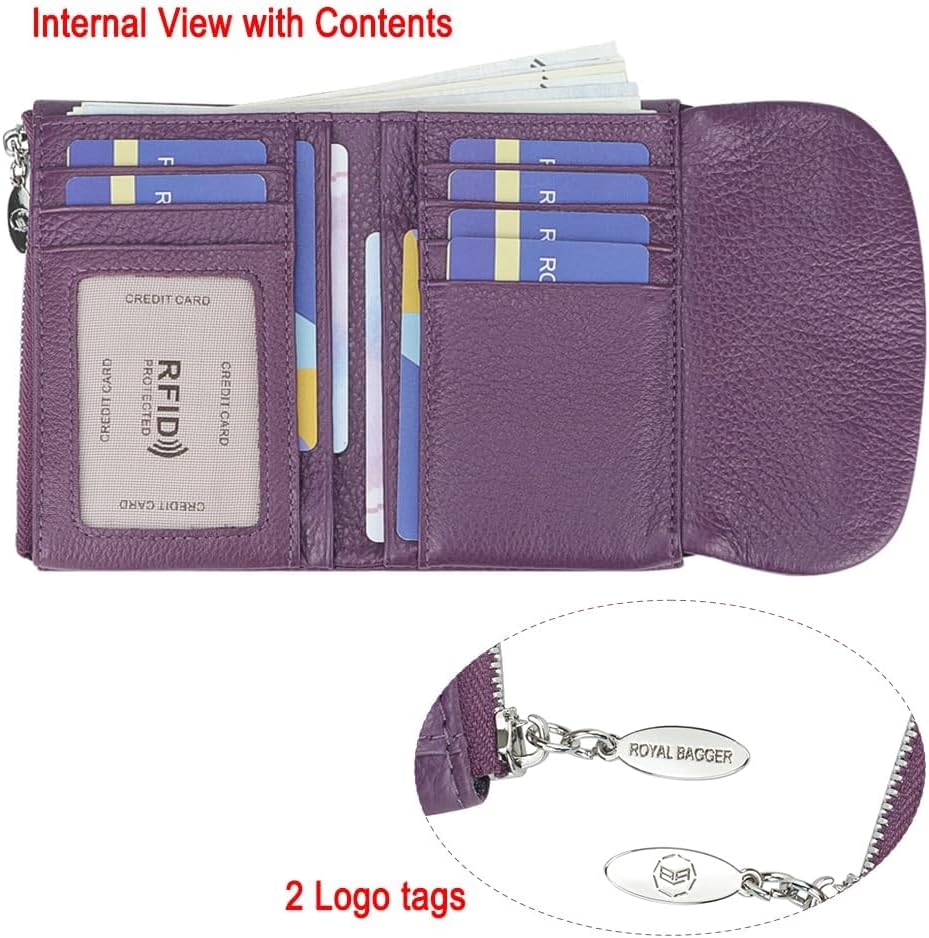 HOTRoyal Bagger RFID Blocking Women's Short Wallet Genuine Cow Leather Multi-card Slots Card Holder Trifold Purse Magnetic Opening 2063 (Purple)