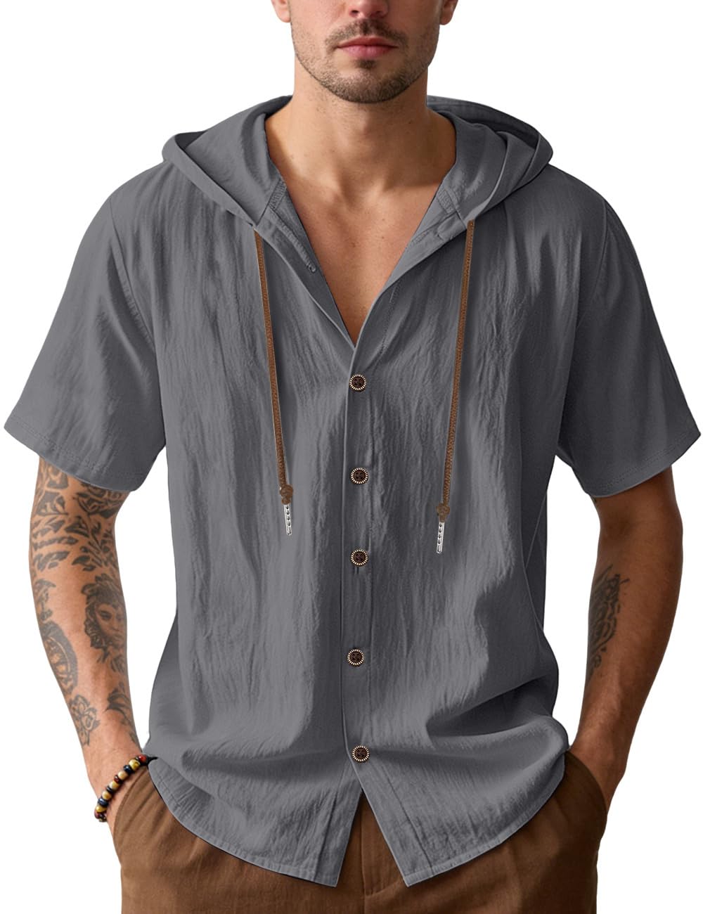 HOTMen's Cotton Linen Shirts Short Sleeve Casual Sweatshirts Button Down Summer Beach Wedding Shirts with Hoodies