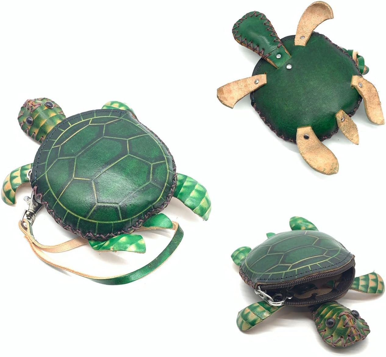 HOTHandmade Vintage Genuine Green Leather 3D Turtle Money Coin Purse With Removable Wrist Strap