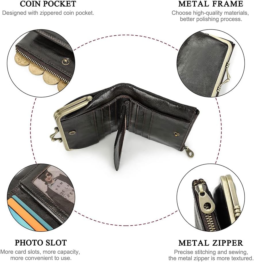 HOTCONTACTS Full Grain Leather Kiss Lock Wallet for Women Small Zipper Coin Pocket Vintage Bifold Rfid Purse Card Holder with Photo Window