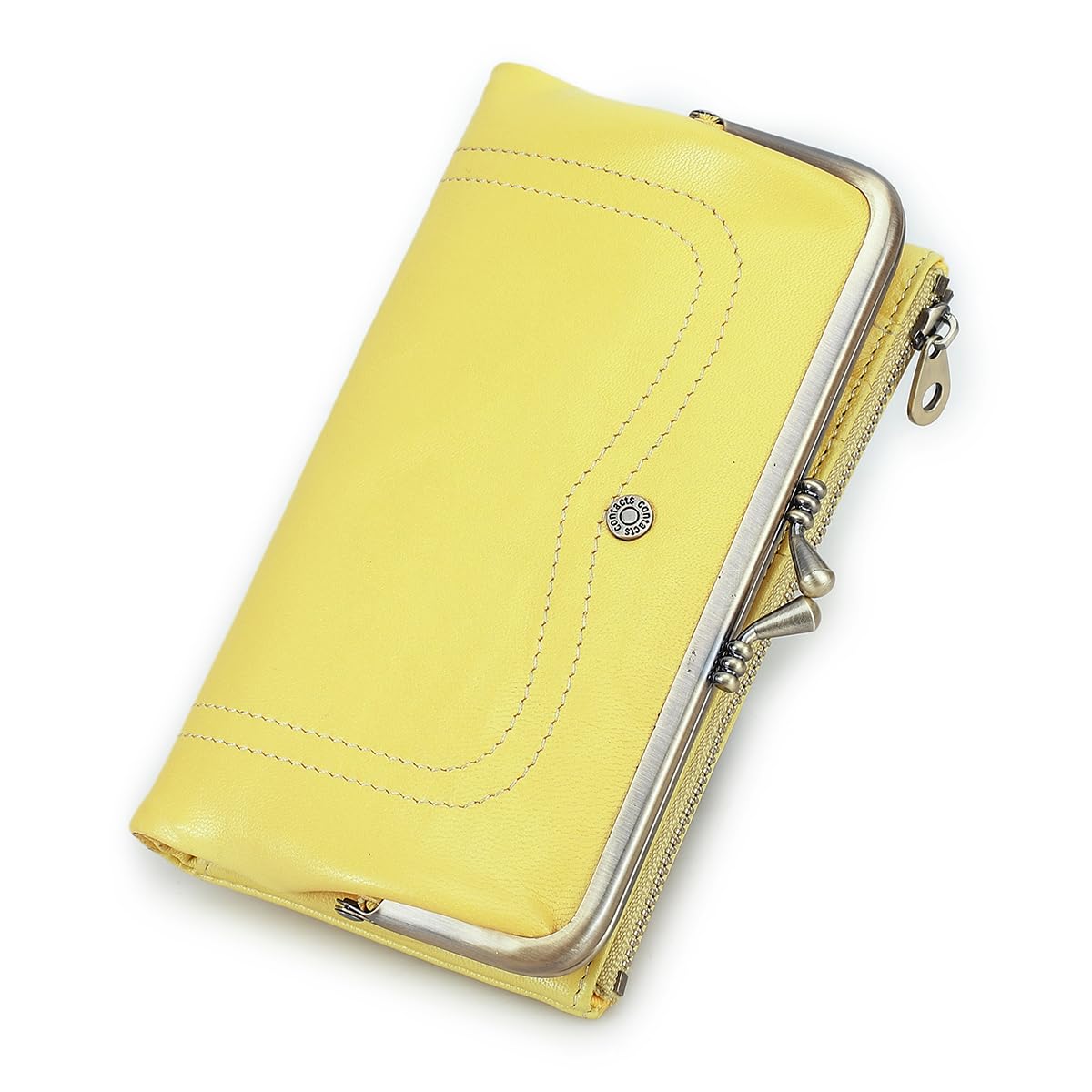 HOTCONTACTS Full Grain Goat Leather Kiss Lock Wallet for Women Vintage Clutch Wallet with Rfid Blocking Zipper Coin Purse (Red)