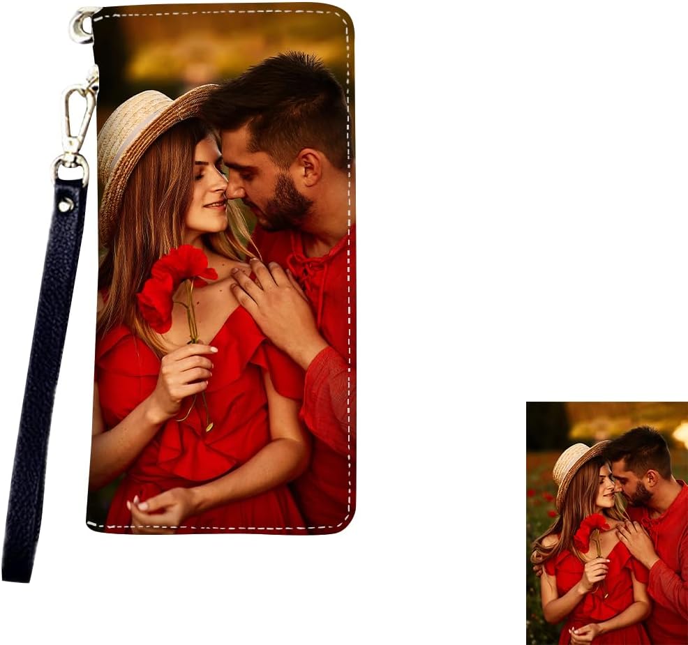 HOTPersonalized Photo Wallet Women Leather Wallet Clutch Wallet with Wristlet handbag best gift for women(Black Double Side)