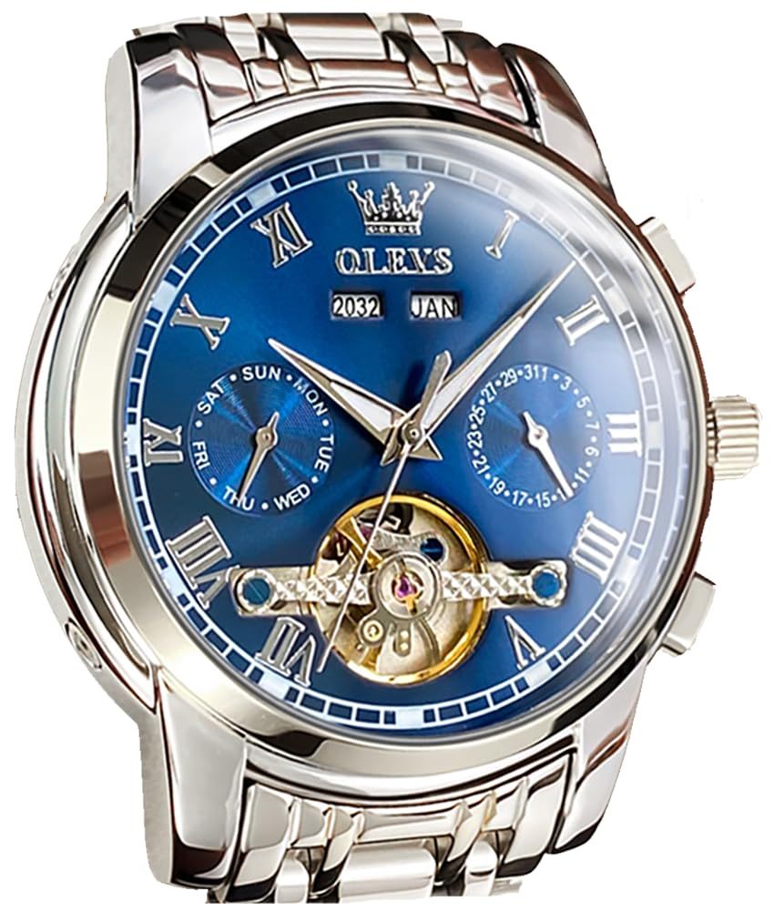 HOTOLEVS Self Winding Watches for Men Automatic Mechanical Dress Tourbillon Stainless Steel Dual Calendar Waterproof Luminous Wrist Watch