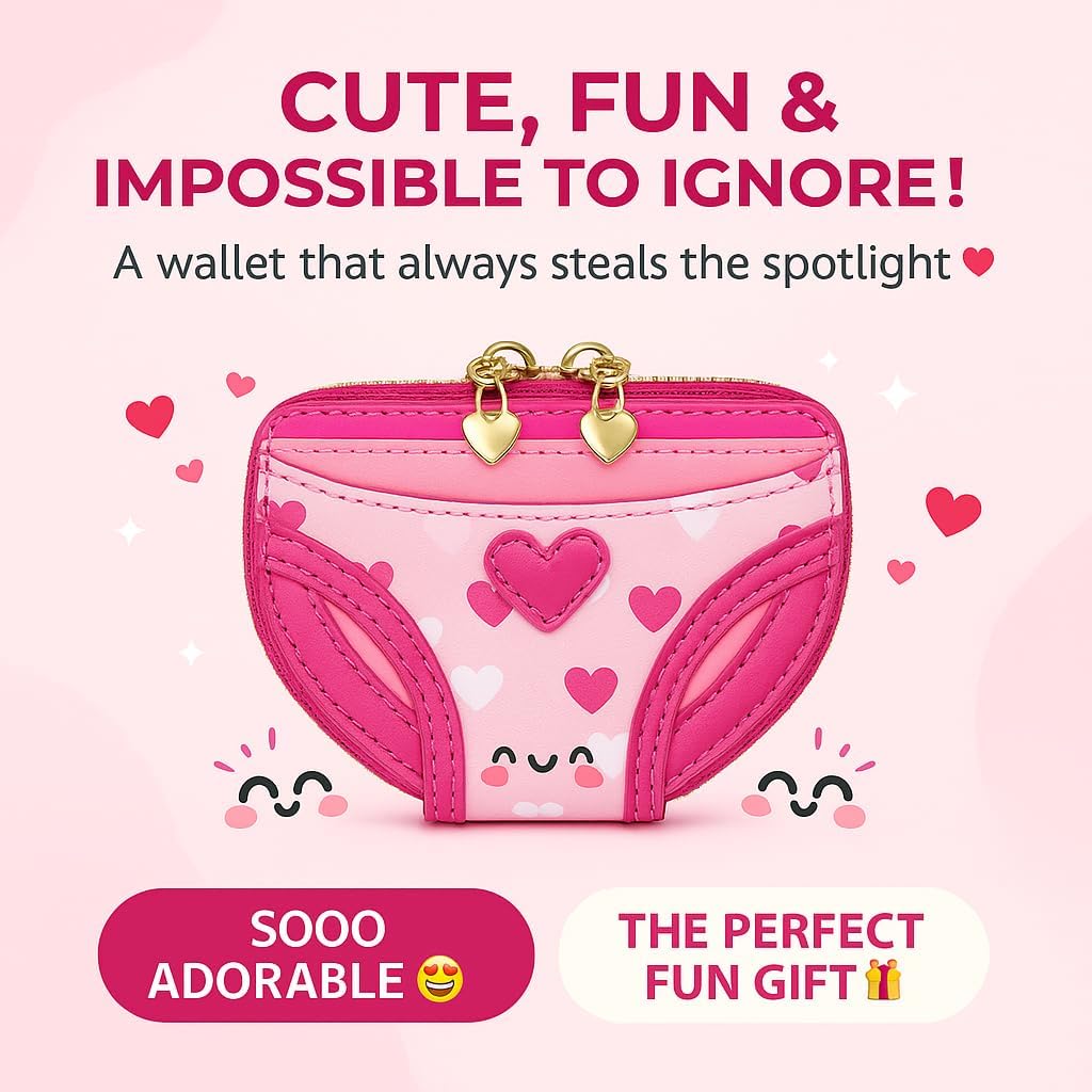 HOTHero's ID Pink Underwear-Shaped Wallet for Women — Cute Heart Mini Zipper Wallet, Faux Leather Coin Purse, Small Card Holder & Compact Purse for Cash, Unique Gift for Girls & Women