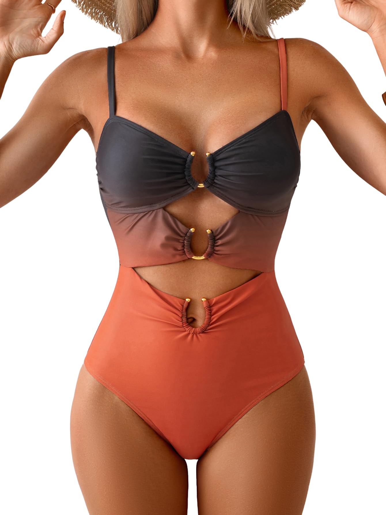 HOTEomenie Womens Cutout One Piece Swimsuit Sexy Bathing Suit | Ring Linked, Adjustable Spaghetti Straps, Bra Support, Soft Removable Cups, Monokini for Beach Vacation, Pool Side