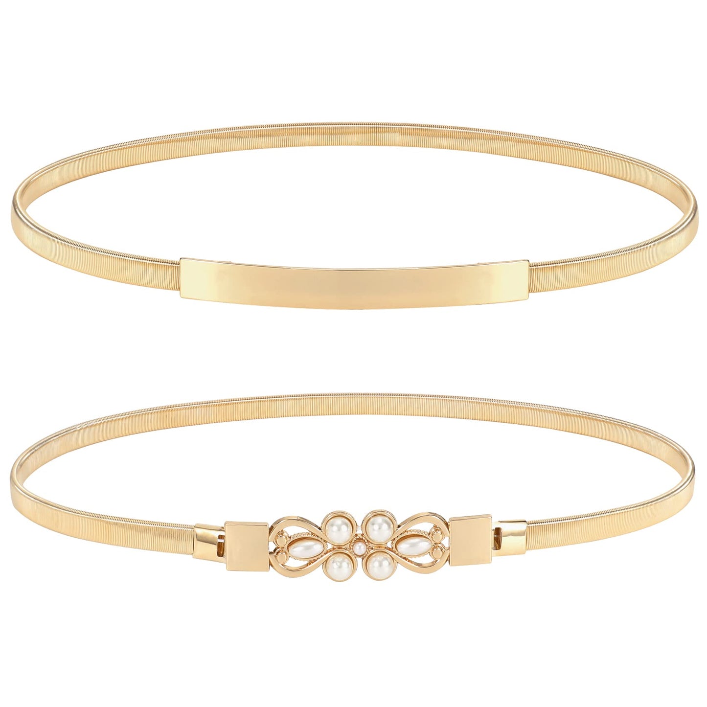 HOTXZQTIVE 2 Pieces Women Skinny Metal Chain Waist Belt Stretchy Saree Cinch Belt for Dress Gold Sliver