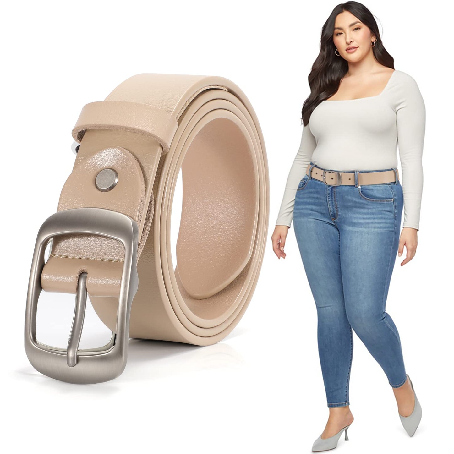 HOTJASGOOD Plus Size Women Leather Belt Black Casual Waist Belt for Jeans Pants with Metal Pin Buckle