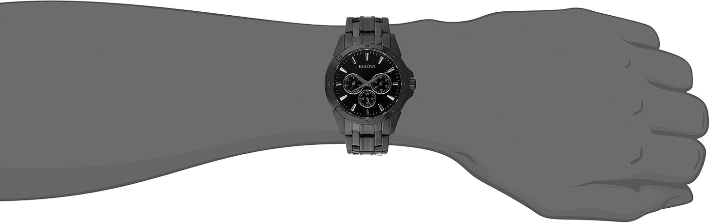 HOTBulova Men's Classic Dress 6-Hand Multi-Function Day/Date Quartz Watch, Black Patterned Dial, 43mm