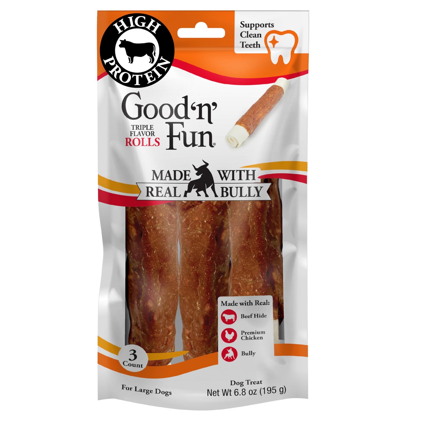 HOTGood 'n' Fun Rolls Long-Lasting Dog Treat, For Large Dogs, With Real Proteins, Beef Hide and Premium Chicken, Supports Dental Health, Mental Stimulation, 6 count