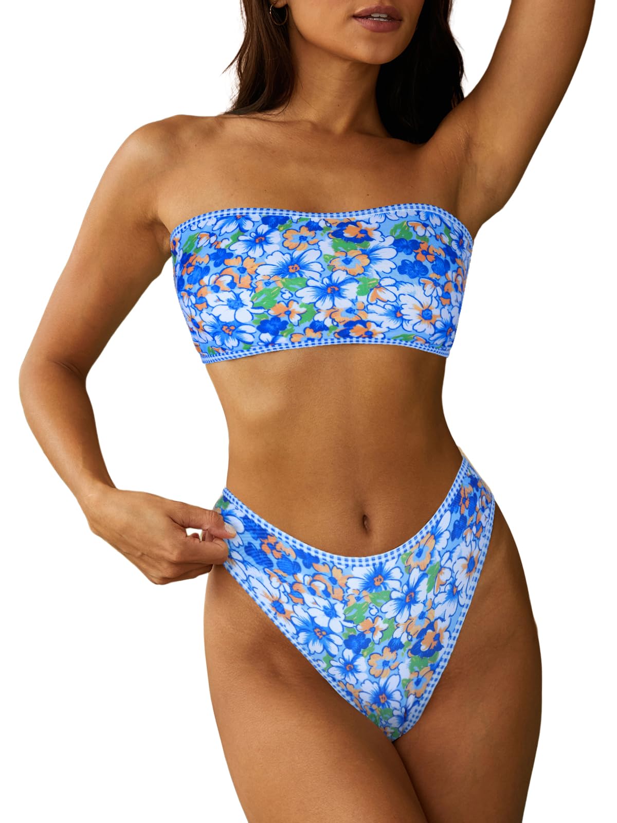 HOTZAFUL Women Strapless Bandeau Bikini 2 Piece Swimwear Lace up Bathing Suits | Strapless Textured Bikini Set Cheeky Solid Bandeau Bathing Suits
