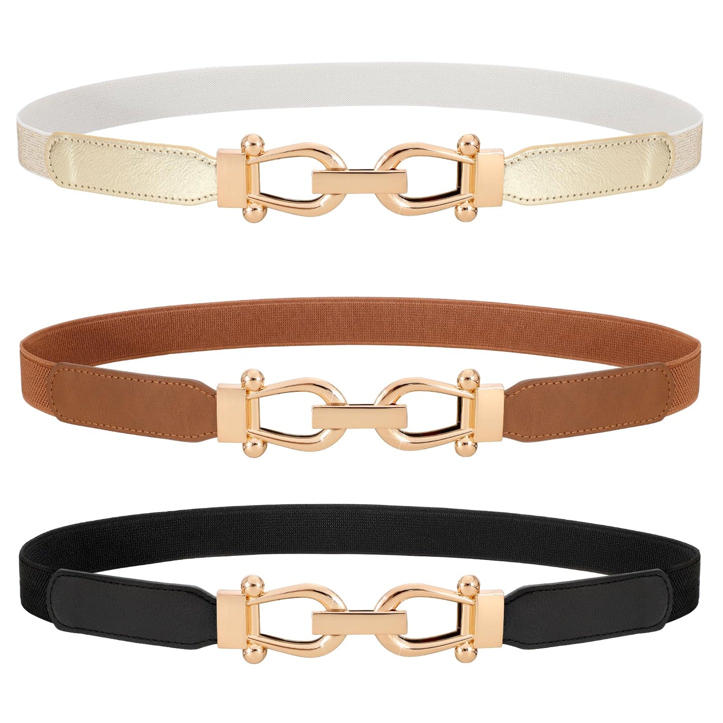 HOTWERFORU 3 Pack Women Skinny Elastic Waist Belt Gold Buckle Stretchy Thin Belt for Jeans Dress