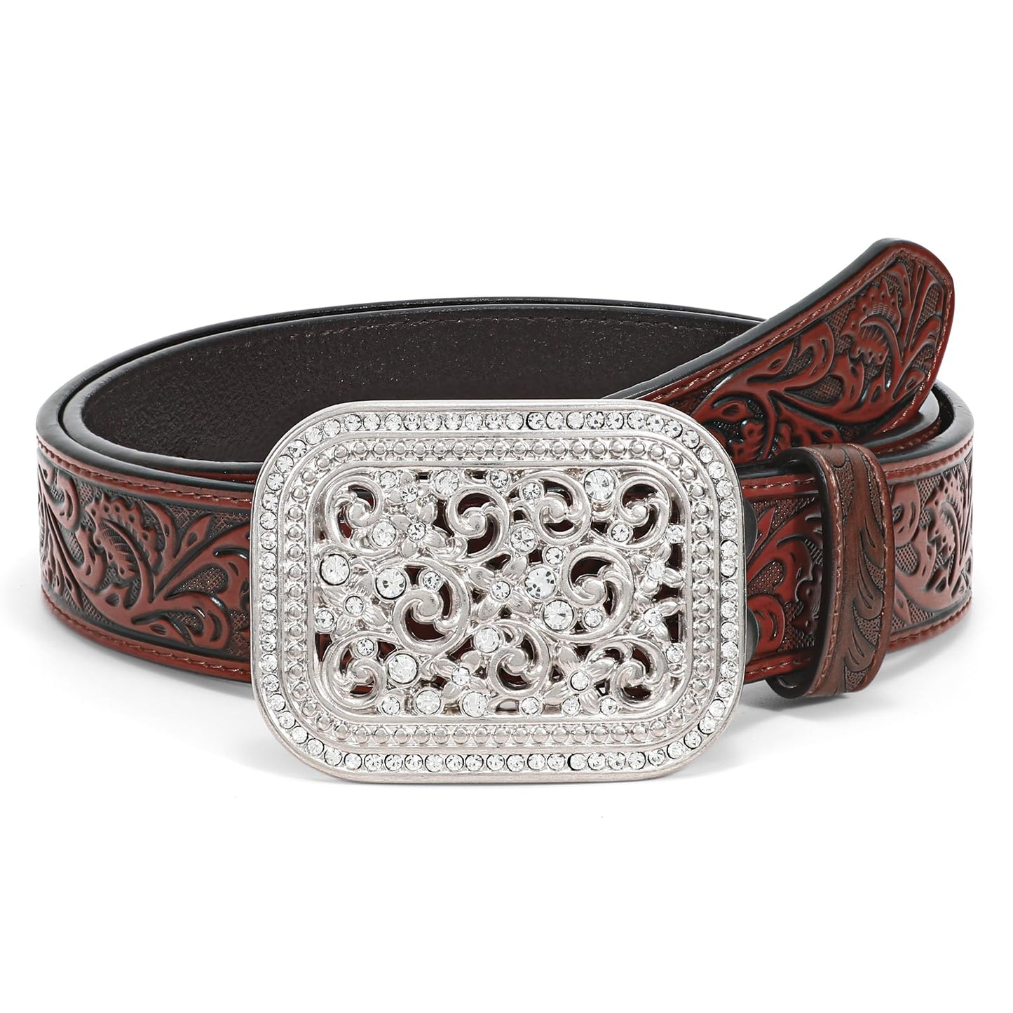 HOTXZQTIVE Women Men Western Belt Vintage Country Belts For Cowgirl Cowboys Genuine Leather Belt with Silver Diamond Buckle